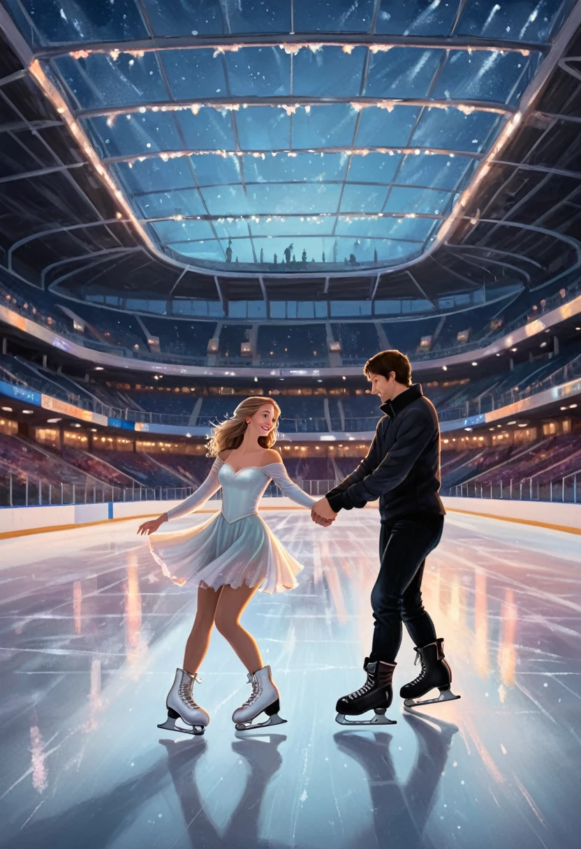 Imagine a romantic date between a girl and a guy at an indoor ice stadium late in the evening. The ice sparkles under the soft lights of the spotlights, creating a magical atmosphere. There is no one in the stands, only the quiet rustling of skates on the surface of the ice breaks the surrounding silence. A girl on white skates, her hair fluttering with movement. A guy in black skates confidently holds her hand, maintaining her balance. Their faces are illuminated with a gentle light, and happy smiles spread across them. In the distance you can see the evening sky through the glass roof of the stadium, which adds even more magic to this moment. There are also small candles scattered on the ice, creating a romantic path for the couple. An atmosphere of tenderness and privacy reigns around them; it seems that the whole world belongs only to the two of them at this wonderful moment. Illustration. Drawing. Painting. Art.
