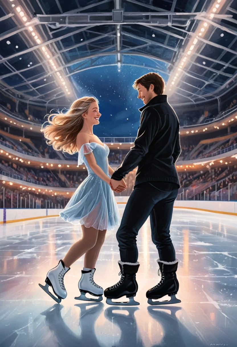 Imagine a romantic date between a girl and a guy at an indoor ice stadium late in the evening. The ice sparkles under the soft lights of the spotlights, creating a magical atmosphere. There is no one in the stands, only the quiet rustling of skates on the surface of the ice breaks the surrounding silence. A girl on white skates, her hair fluttering with movement. A guy in black skates confidently holds her hand, maintaining her balance. Their faces are illuminated with a gentle light, and happy smiles spread across them. In the distance you can see the evening sky through the glass roof of the stadium, which adds even more magic to this moment. There are also small candles scattered on the ice, creating a romantic path for the couple. An atmosphere of tenderness and privacy reigns around them; it seems that the whole world belongs only to the two of them at this wonderful moment. Illustration. Drawing. Painting. Art.