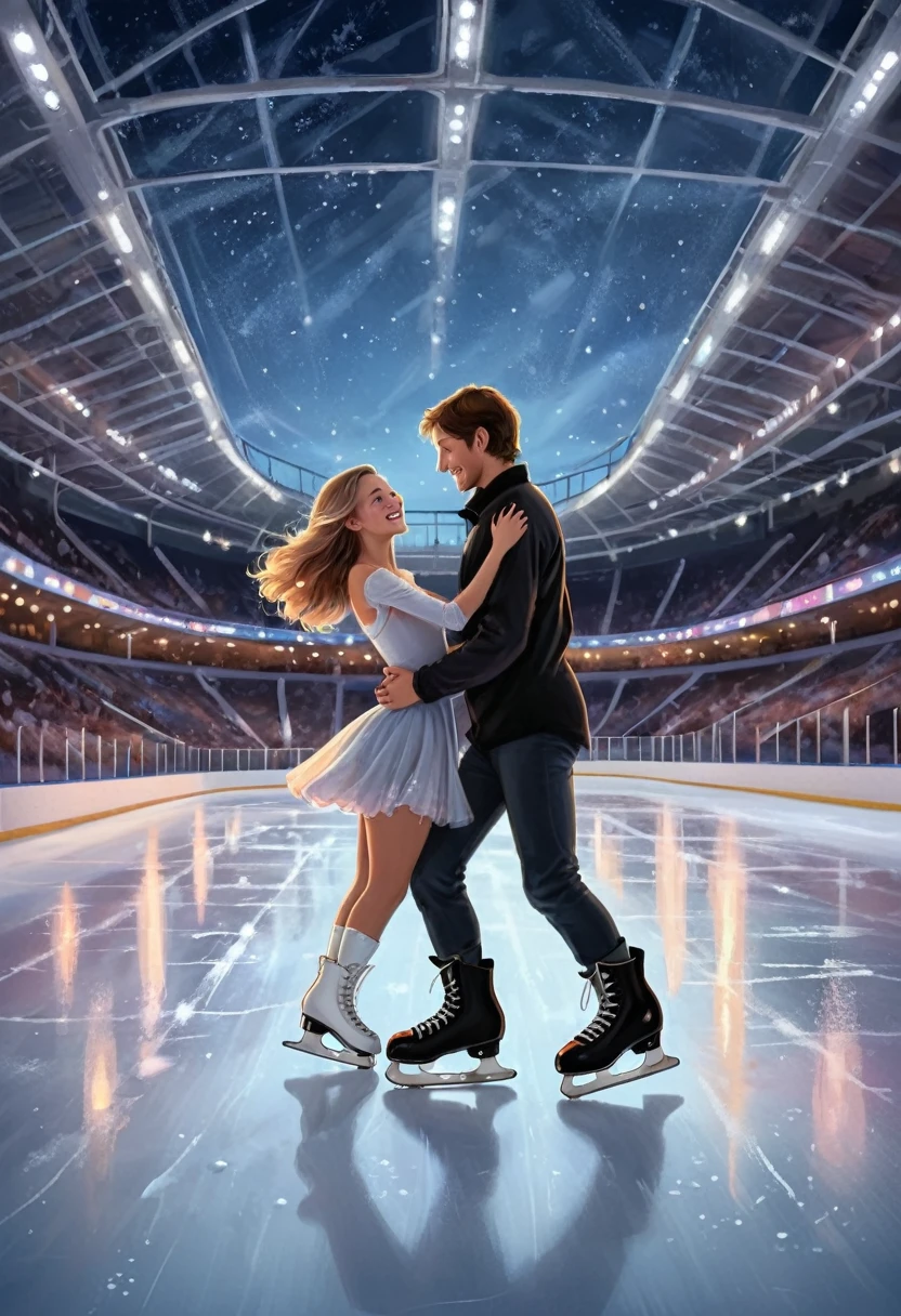 Imagine a romantic date between a girl and a guy at an indoor ice stadium late in the evening. The ice sparkles under the soft lights of the spotlights, creating a magical atmosphere. There is no one in the stands, only the quiet rustling of skates on the surface of the ice breaks the surrounding silence. A girl on white skates, her hair fluttering with movement. A guy in black skates confidently holds her hand, maintaining her balance. Their faces are illuminated with a gentle light, and happy smiles spread across them. In the distance you can see the evening sky through the glass roof of the stadium, which adds even more magic to this moment. There are also small candles scattered on the ice, creating a romantic path for the couple. An atmosphere of tenderness and privacy reigns around them; it seems that the whole world belongs only to the two of them at this wonderful moment. Illustration. Drawing. Painting. Art.