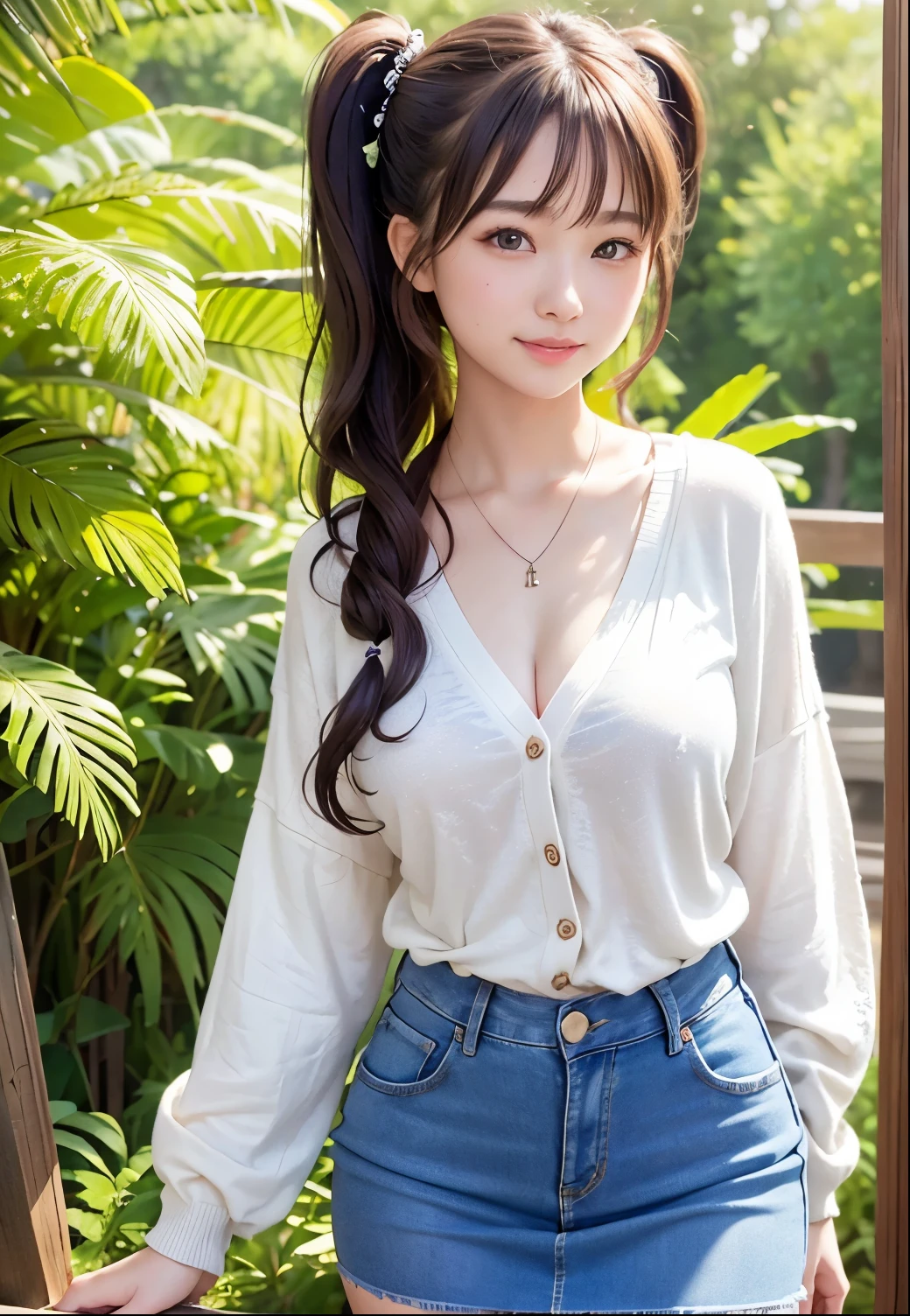 (Highest quality,masterpiece:1.3,Ultra-high resolution),(Very detailed、Caustics) (Realistic:1.4, RAW shooting、)Ultra-Realistic Capture、Very detailed、Natural skin texture、masterpiece、(A Japanese girl wearing a plain cardigan over a printed T-shirt and a tight jeans skirt:1.3)、Adorable expression、Expressions of happiness、14 years old、height: 160cm、Young Face、Amazingly cute、Twin tail hairstyle、Curly Hair、Scrunchie、necklace、Black Hair、light makeup、Slightly large chest、Shining thighs、Shining ass、Private garden photoshoot、Background details、smile、An inviting gaze、Anatomically correct、Cowboy Shot、Attention to detail、Sexy and cute pose