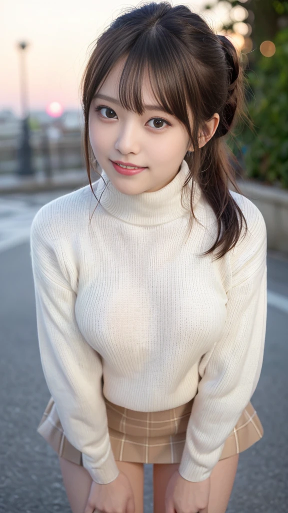 Tabletop, Highest quality, beautiful girl, Cute school girl,
Super detailed, In detail, High resolution, In 8K,
((Photorealistic:1.4, RAW Photos, 超High resolution, Best image quality: 1.4)),
8k wallpaper,
((Perfect body composition 1.5)),
Beautiful attention to detail, Natural color lip,
((穏やかなsmile:1.5)),
((Random and cute ponytails)),
((Big ample breasts、chest wide open:1.2)),
((from the front:1.5)),
((Proudly, Look under the eyes)),
((Randomly blurred background)), ((The Sunset Sun)), ((autumn leaves)),
((Random and cute expressions)),
Highly detailed and professional lighting,
Perfect dynamic composition, Beautiful attention to detail, ((Leaning forward:1.5)), ((Turtleneck sweater:1.6)), ((Micro Mini Skirt:1.5)), ((smile, Harajuku)), ((sexy shot looking at camera))