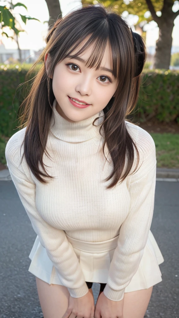 Tabletop, Highest quality, beautiful girl, girl,
Super detailed, In detail, High resolution, In 8K,
((Photorealistic:1.4, RAW Photos, 超High resolution, Best image quality: 1.4)),
8k wallpaper,
((Perfect body composition 1.5)),
Beautiful attention to detail, Natural color lip,
((穏やかなsmile:1.5)),
((Random and cute ponytails)),
((Big ample breasts、chest wide open:1.2)),
((from the front:1.5)),
((Proudly, Look under the eyes)),
((Randomly blurred background)), ((The Sunset Sun)), ((autumn leaves)),
((Random and cute expressions)),
Highly detailed and professional lighting,
Perfect dynamic composition, Beautiful attention to detail, ((Leaning forward:1.5)), ((Turtleneck sweater:1.6)), ((Micro Mini Skirt:1.5)), ((smile, Harajuku)), ((sexy shot looking at camera))