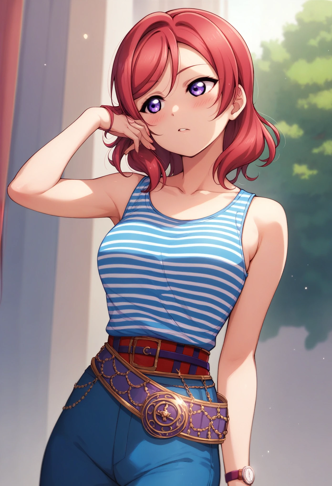 Maki nishikino,love live,highres,red hair ,dolo, purple eyes,blush ,collarbone , blue striped shirt, sleeveless,high waist trousers,thin belt,hand watch, fashion , looking away ,finger on hair 