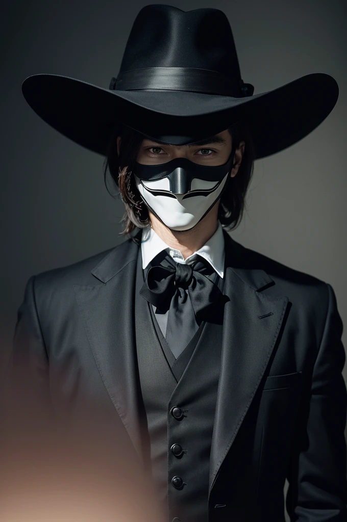 best qualityer, work of art, Super high resolution, a photo of a man in an elegant black suit, he is wearing the mask from the movie V for Vendetta 