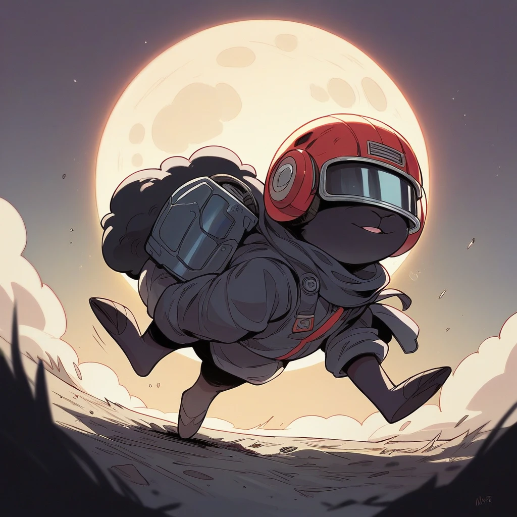 Young african American guy walking on the moon wearing daft punk helmet full body shot surrounded by black sheep, black sheep with black fur, futuristic sheep header