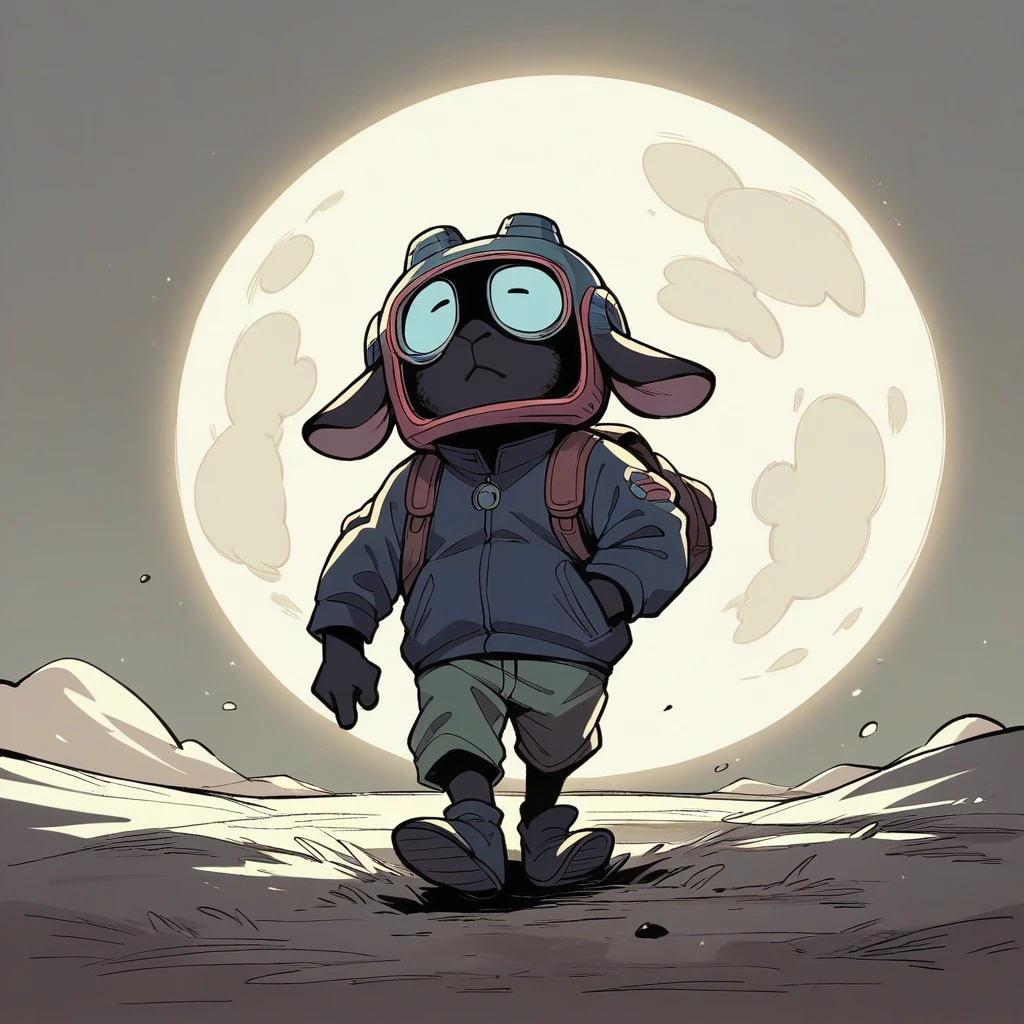 Young african American guy walking on the moon wearing daft punk helmet full body shot surrounded by black sheep, black sheep with black fur, futuristic sheep header