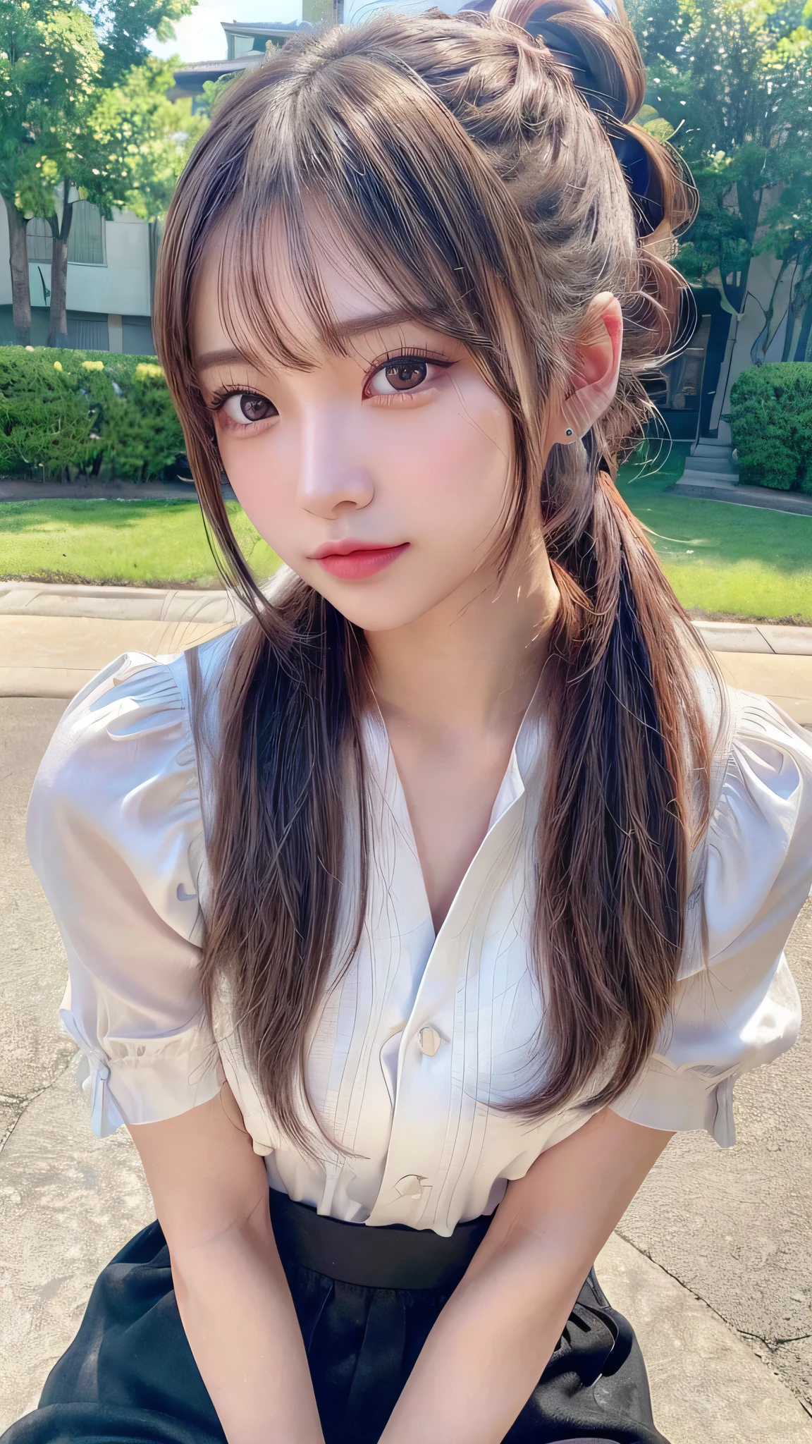 One piece with collar,outdoors,Urban Park,On the lawn,Ultra-detailed, finely detail, hight resolution, 8K Wallpaper, Perfect dynamic composition, Beautiful detailed eyes,Outdoor,Close-up of face,Outdoor,Blushing,Facing forward,,Long hair ponytail,((8k, Raw photo, Best Quality, Mastepiece:1.2), (Realism, Photorealistic:1.4), (Highly detailed 8K wallpapers), Depth of written boundary, Cinematic Lighting, Soft Light, Detailed Beauty Eye,Shiny and smooth light brown ponytail, Asymmetrical bangs, Shiny skin, Ultra-detailed skins ,It is high resolution., High detail, Detailed hairstyle, Detailed facial beauty, Hyper-realistic, Perfect limbs, Perfect Anatomy ,1 Japanese girl,Famous Japanese Idols, Perfect female body,A shy smile,Short eyelashes,Double-edged eyelids,Look straight here,Hair style: ponytail,