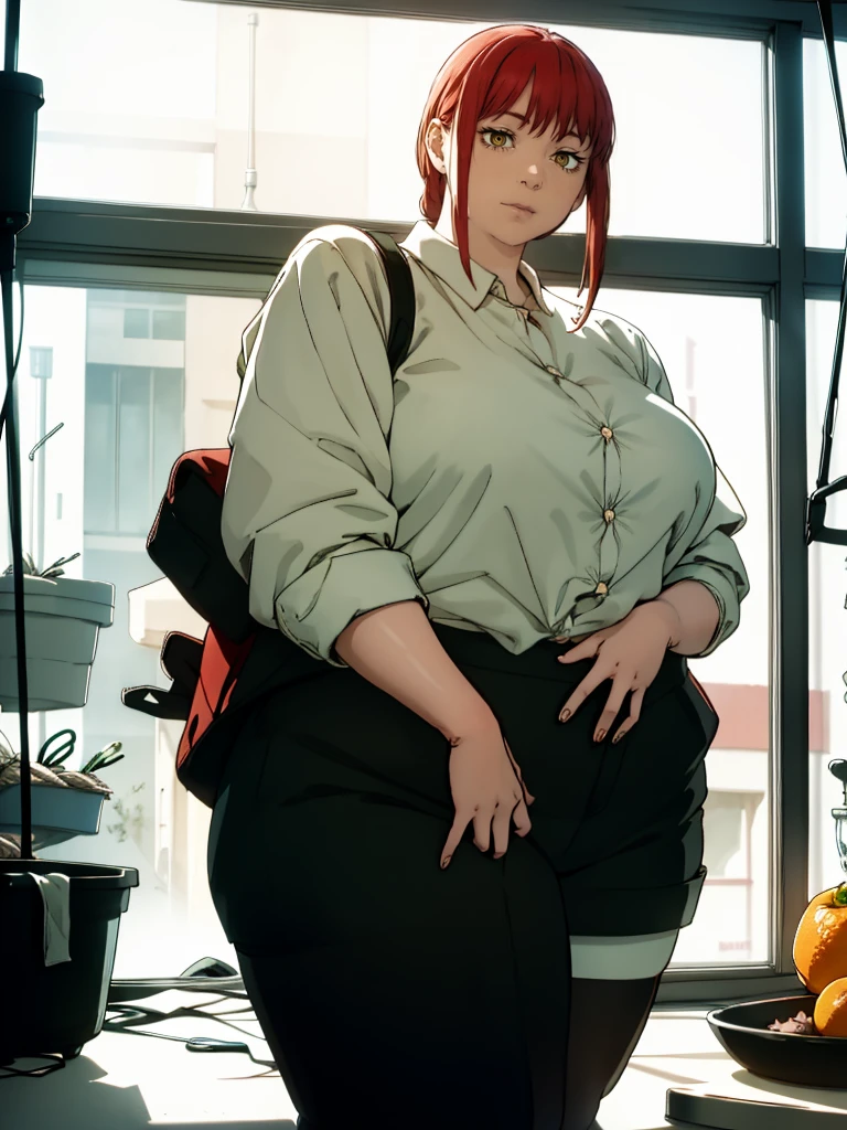 Le personnage Makima de la série animée Chainsaw Man, fragile, obésité morbide, ssbbw, pleine longueur (corps entier 1.1.), fond sombre, obscurité, anatomie correcte 1.1, anatomie correcte de la main, Très féminin, corps gras et rond, grosses Jambes, fesses, beau corps obèse, ventre rond et mou très gras, cheveux roux, Yeux oranges, Cercles rouges pour les écoliers, chemise blanche, jupe noire, cravate noire, pose sexy, réaliste, very détaillé, beau corps, détaillé body, détaillé hands, détaillé, vibrant, détaillé Face, Conception des personnages de Makima. very détaillé, détaillé body, détaillé hands, détaillé Face, Art animé, Hugh Détails, Visage très abattu, détaillé eyes, Illustration ultra fine, Meilleure ombre, détail fin, beautiful détaillé glow, beautiful détaillé, Extraordinairement beau, extremely détaillé, inexpressif, composition épique, Style animé. art animé, Style animé. Jupe noire, chemise blanche, cravatte, pose sexy, yeux jaunes