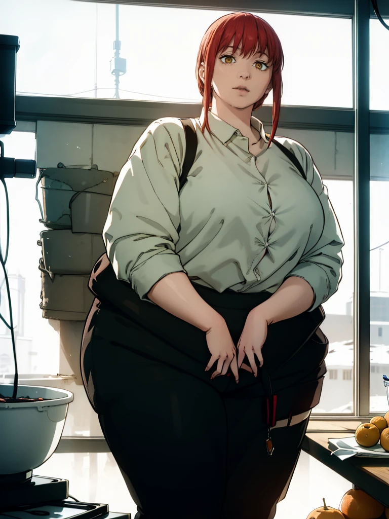 Le personnage Makima de la série animée Chainsaw Man, fragile, obésité morbide, ssbbw, pleine longueur (corps entier 1.1.), fond sombre, obscurité, anatomie correcte 1.1, anatomie correcte de la main, Très féminin, corps gras et rond, grosses Jambes, fesses, beau corps obèse, ventre rond et mou très gras, cheveux roux, Yeux oranges, Cercles rouges pour les écoliers, chemise blanche, jupe noire, cravate noire, pose sexy, réaliste, very détaillé, beau corps, détaillé body, détaillé hands, détaillé, vibrant, détaillé Face, Conception des personnages de Makima. very détaillé, détaillé body, détaillé hands, détaillé Face, Art animé, Hugh Détails, Visage très abattu, détaillé eyes, Illustration ultra fine, Meilleure ombre, détail fin, beautiful détaillé glow, beautiful détaillé, Extraordinairement beau, extremely détaillé, inexpressif, composition épique, Style animé. art animé, Style animé. Jupe noire, chemise blanche, cravatte, pose sexy, yeux jaunes