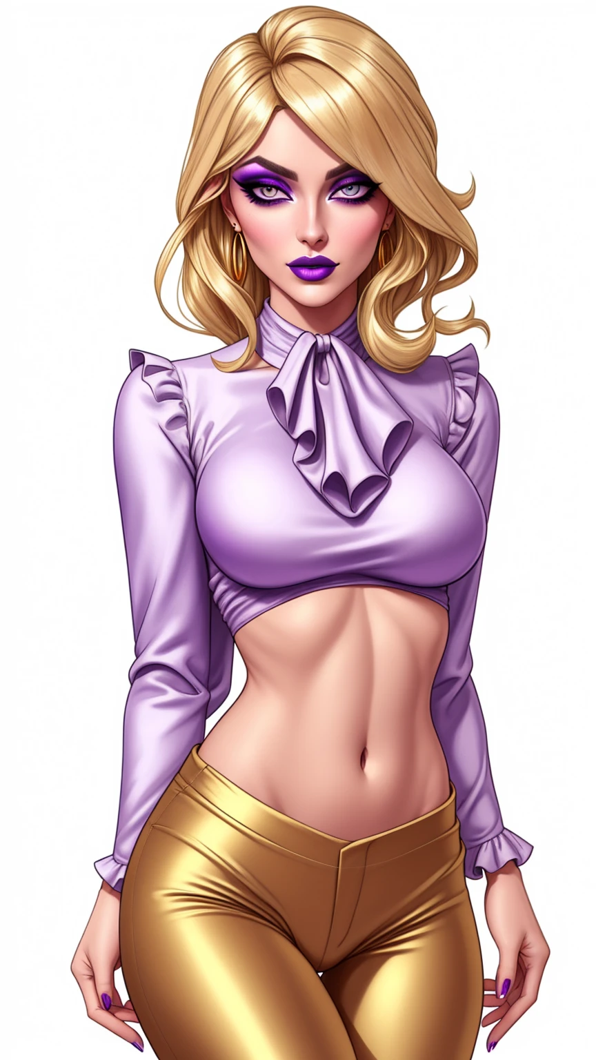 Lulu, gorgeous blonde woman, ruffle shirt, lithe, slim,  gold silk pants, navel, 

charcoal eyes, purple makeup, 

white background, blank background, 