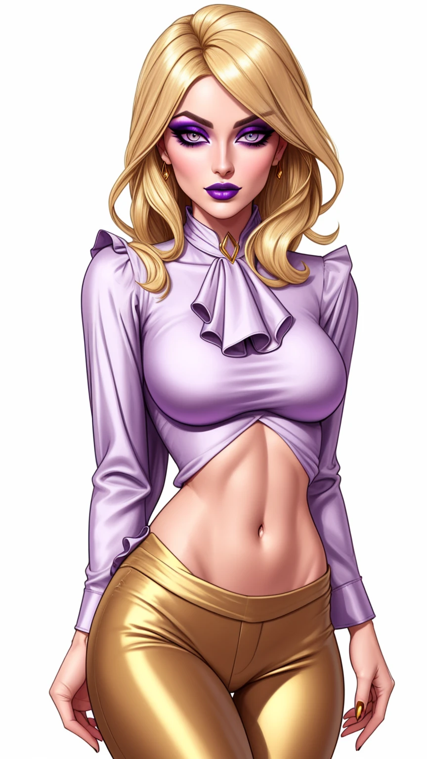 Lulu, gorgeous blonde woman, ruffle shirt, lithe, slim,  gold silk pants, navel, 

charcoal eyes, purple makeup, 

white background, blank background, 