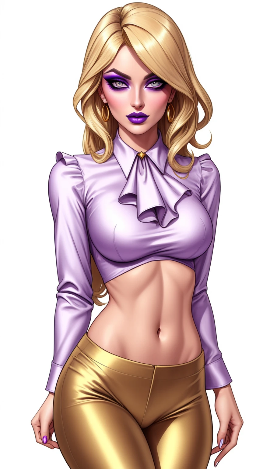 Lulu, gorgeous blonde woman, ruffle shirt, lithe, slim,  gold silk pants, navel, 

charcoal eyes, purple makeup, 

white background, blank background, 