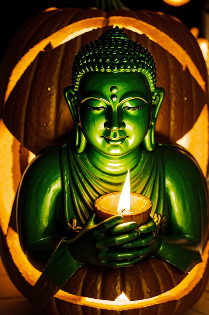 Green Flame,Halloween Pumpkin,close-up,Buddha