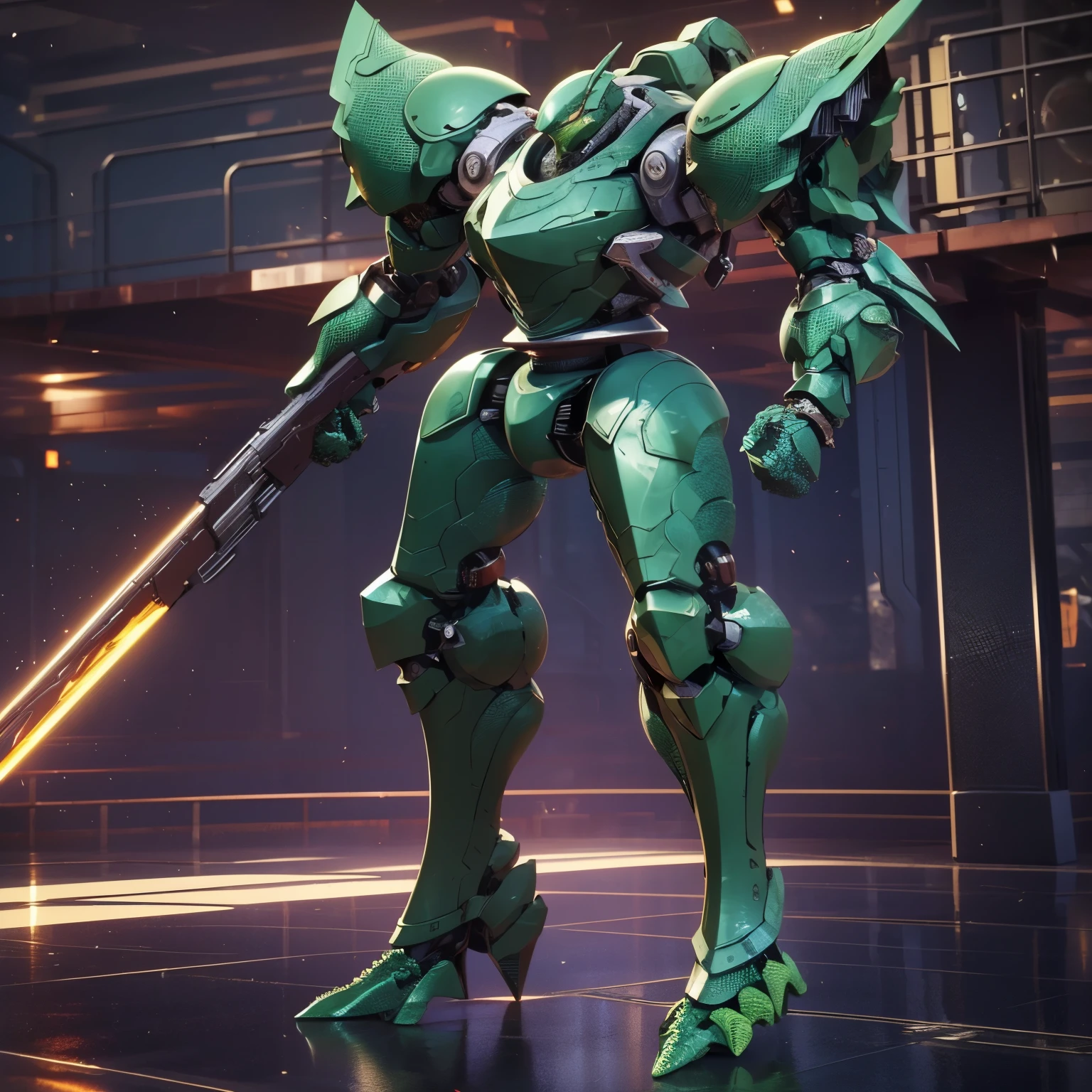 Slender mech holding a medium-sized shotgun. The twig-looking thrusters. (Rounded and smooth body 1:5, green scaly armor: 2). Carried two spare weapons, a closed-barreled shotgun and a heavy-caliber pistol. extremely detaild, 8k, HDR, naturallight, cinematic lighting, masterpiece-anatomy-perfect, ultra hd, (Space Combat:1.3, battlefield:1.3), raw photo, metallic, professional, ultra-fine painting, perfect body proportions, anatomically correct, UHD, real texture material, Anti-aliasing, FKA, THAI, SSAO, Post processing, Post Production, Tone Mapping, cgi, VFX, SFX, Hyper maximalist, volumetric, ultra photorealultra-detailed intricate details, (full body:2)