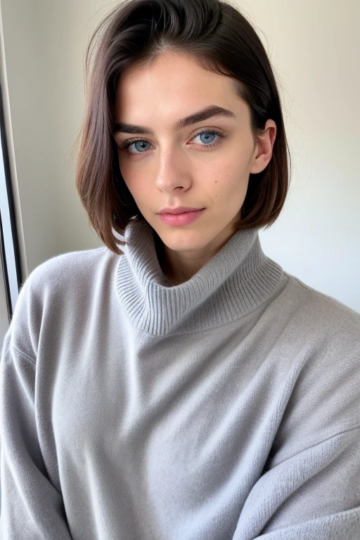 beautiful man of 27 years old with blue eyes, very feminine, androgynous, femboy, looking directly at the camera, with a natural makeup, very realistic, instagram selfie, at home, flat chest, tight sweater tucked into high-waist jeans, film grain, trans