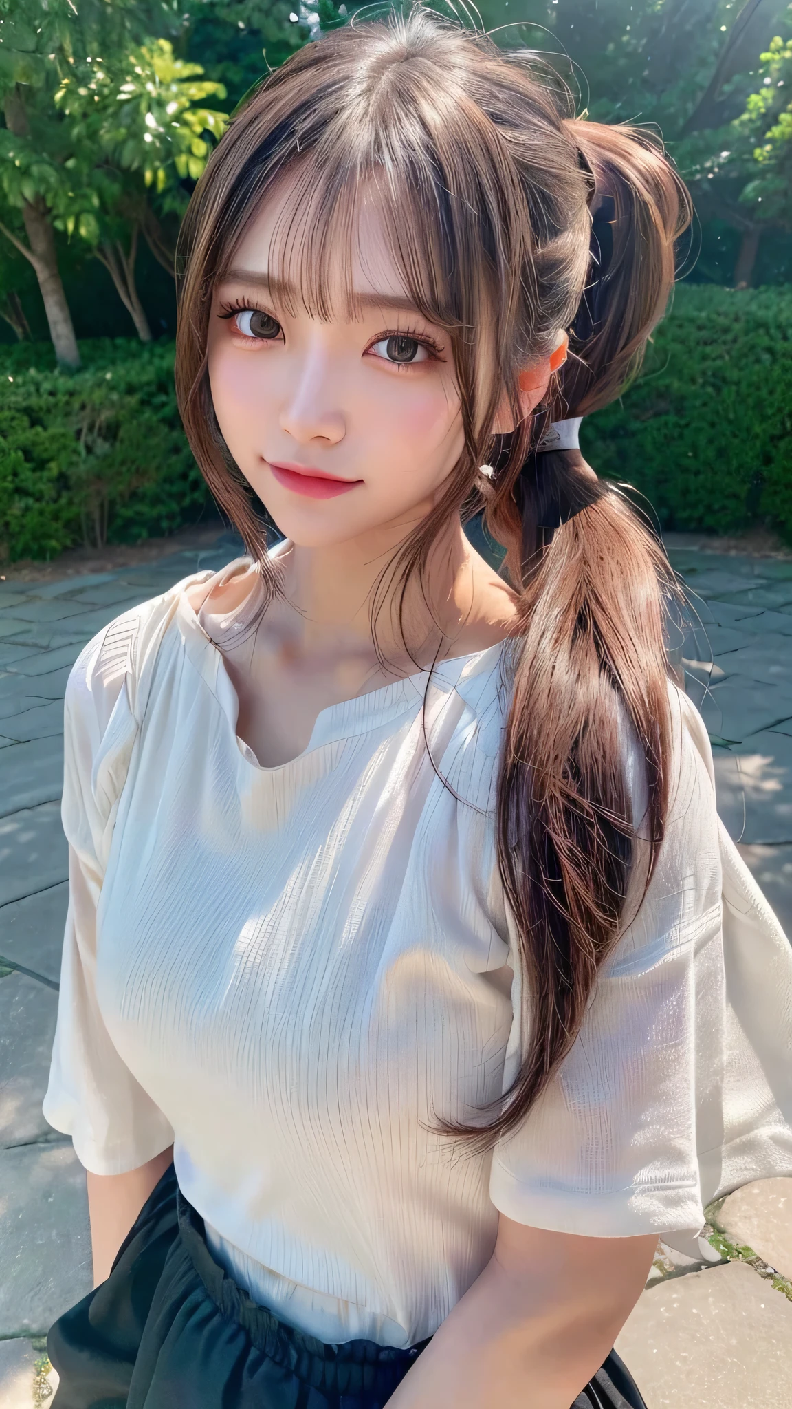One piece with collar,outdoors,Urban Park,On the lawn,Ultra-detailed, finely detail, hight resolution, 8K Wallpaper, Perfect dynamic composition, Beautiful detailed eyes,Outdoor,Close-up of face,Outdoor,Blushing,Facing forward,,Long hair ponytail,((8k, Raw photo, Best Quality, Mastepiece:1.2), (Realism, Photorealistic:1.4), (Highly detailed 8K wallpapers), Depth of written boundary, Cinematic Lighting, Soft Light, Detailed Beauty Eye,Shiny and smooth light brown ponytail, Asymmetrical bangs, Shiny skin, Ultra-detailed skins ,It is high resolution., High detail, Detailed hairstyle, Detailed facial beauty, Hyper-realistic, Perfect limbs, Perfect Anatomy ,1 Japanese girl,Famous Japanese Idols, Perfect female body,A shy smile,Short eyelashes,Double-edged eyelids,Look straight here,Hair style: ponytail,