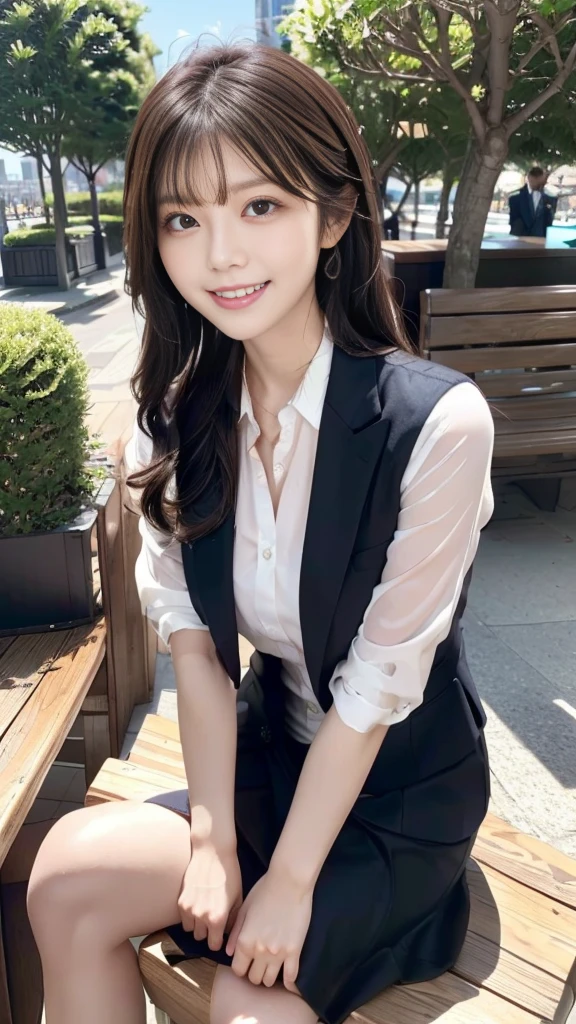 "prompt": "A sunny day in the city with a black-haired woman sitting on a bench. She is wearing a women's suit and has the most radiant smile. The cityscape is vibrant and clear under the bright blue sky, with modern buildings in the background. The woman exudes confidence and joy, her suit is perfectly tailored, and her black hair shines in the sunlight. The overall scene is ultra-realistic in 8K, capturing the intricate details of her suit, the texture of the bench, and the lively atmosphere of the city. The image quality is top-notch, ensuring every element looks perfect and clean, making it a masterpiece of professional artwork.",