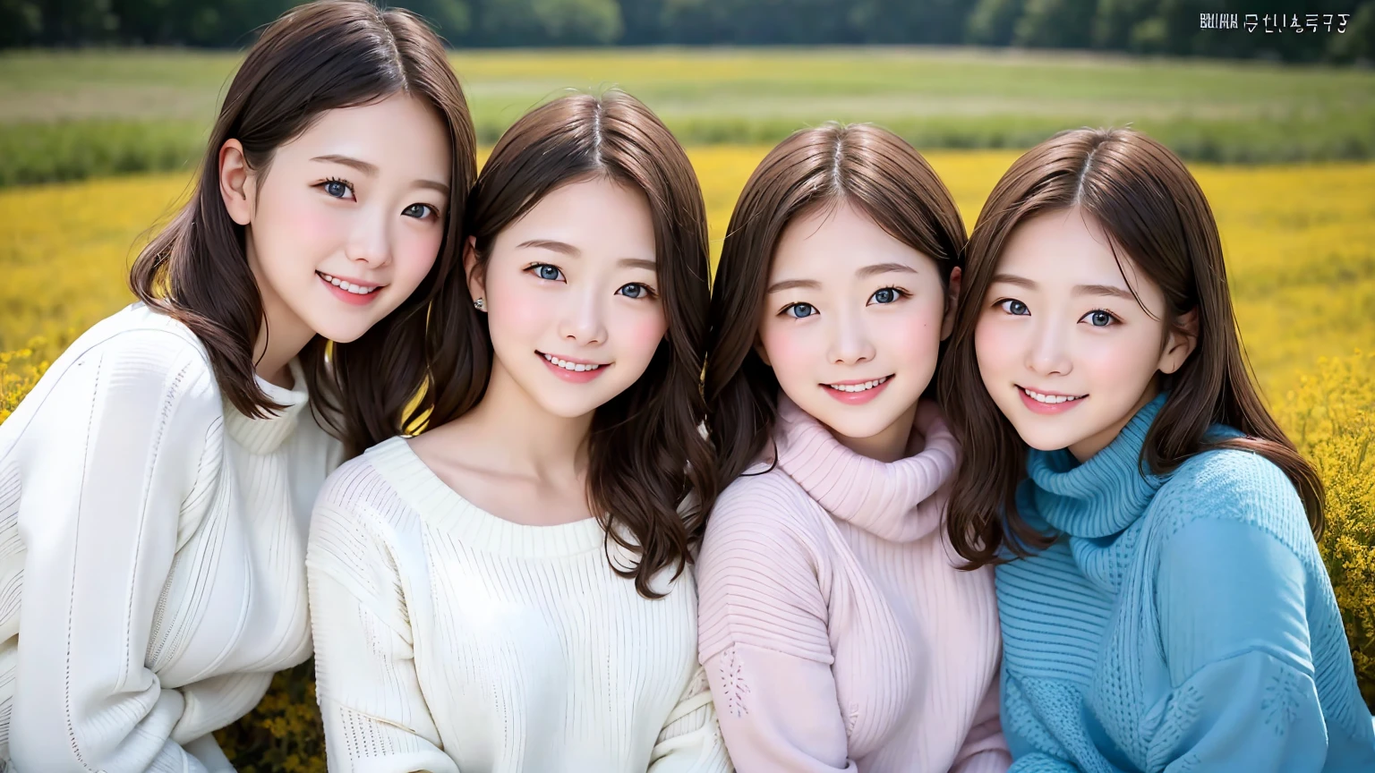 (3 girls), Young faceอินโดนีเซีย, 12 years,smile, white skin, Round breast, blue eyes,((Put on a sweater))Masterpiece, Highest quality, 8K, beautiful girl, Young face、 photography, Cute face, thigh,In the meadow, Embarrassing、รอยsmile、((((((อายุ 12 years))))))、small waist、 ((Busty breasts))