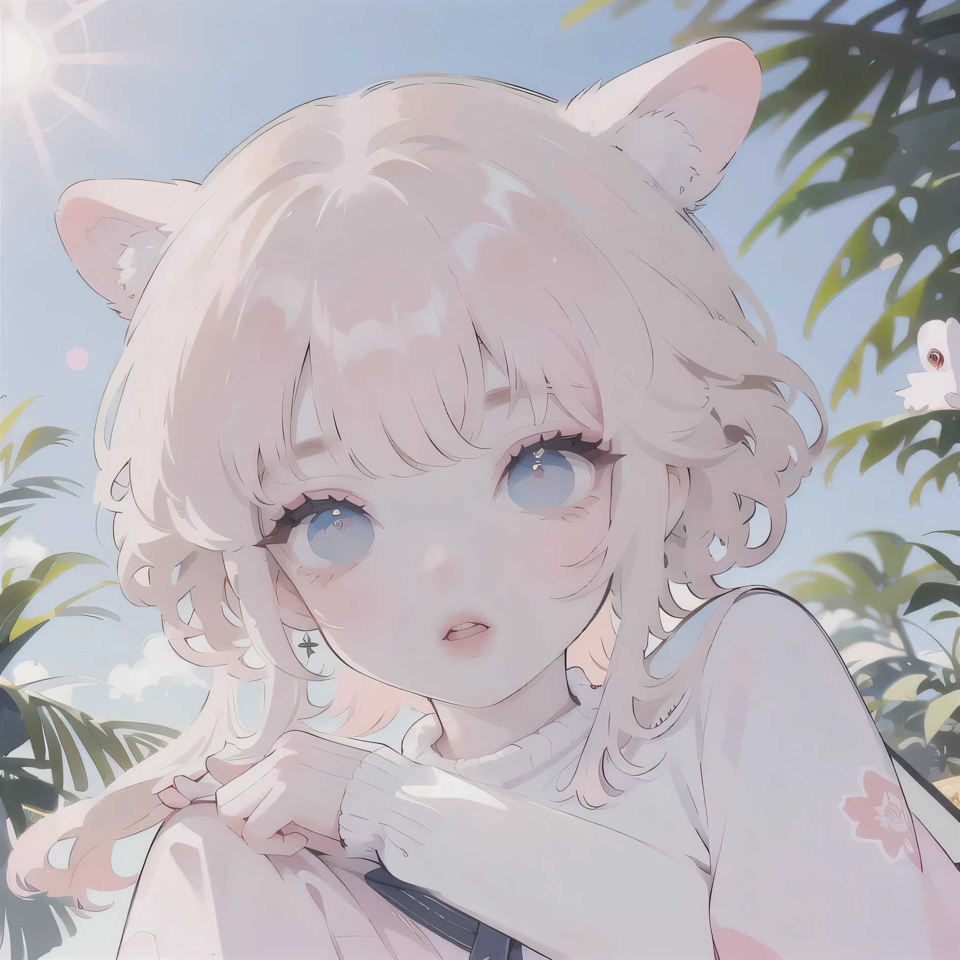 (high quality) (best quality) (a woman) (correct physiognomy) (perfect students) (perfect eyes) anime woman, deep pink long and fluffy hair pink, two rabbit ears coming out of her head, blue eyes, lips sensitive, feminine appearance, soft facial features, thin eyebrows, soft skin, rosy cheeks, pink lips, silky eyelashes, dreamy expression, middle age, youthful clothing, print sweatshirt, photo illuminated by sunlight, Woman sitting on forest.