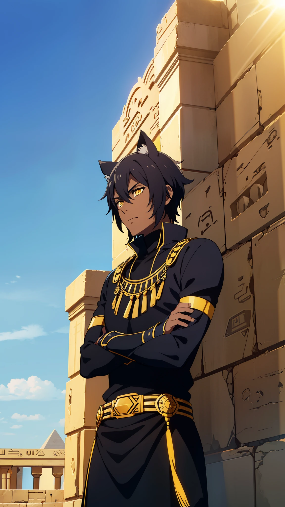 (1boy,solo,20s,mature male),black hair,short hair,cat ears,yellow eyes,(((dark skin))),(Egypt, blue sky, sun),black egypt armor,looking at view,serious,crossed arms