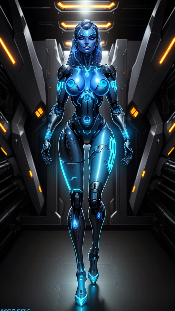 beautiful cyborg girl pinup, cute cyborg girl, gynoid body, extremely detailed, seductive, highly detailed, blue eyes, intricate machinery, metallic skin, glowing circuits, dynamic pose, dramatic lighting, cinematic camera angle, vibrant colors, glossy finish, photorealistic, digital art
