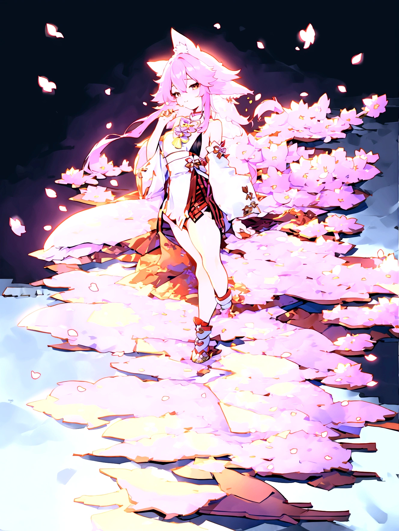 Girl,Full and seductive figure,Long hair,lie,Cherry blossoms,White fox tail,Shorty,Full body shot,miniskirt,