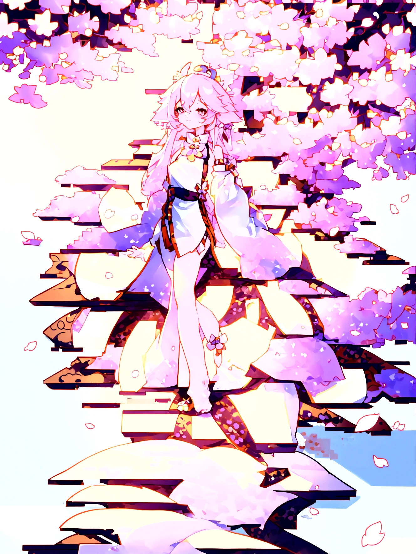 Girl，Full and seductive figure，Long hair，lie，Cherry blossoms，White fox tail，Shorty，Full body shot，miniskirt，