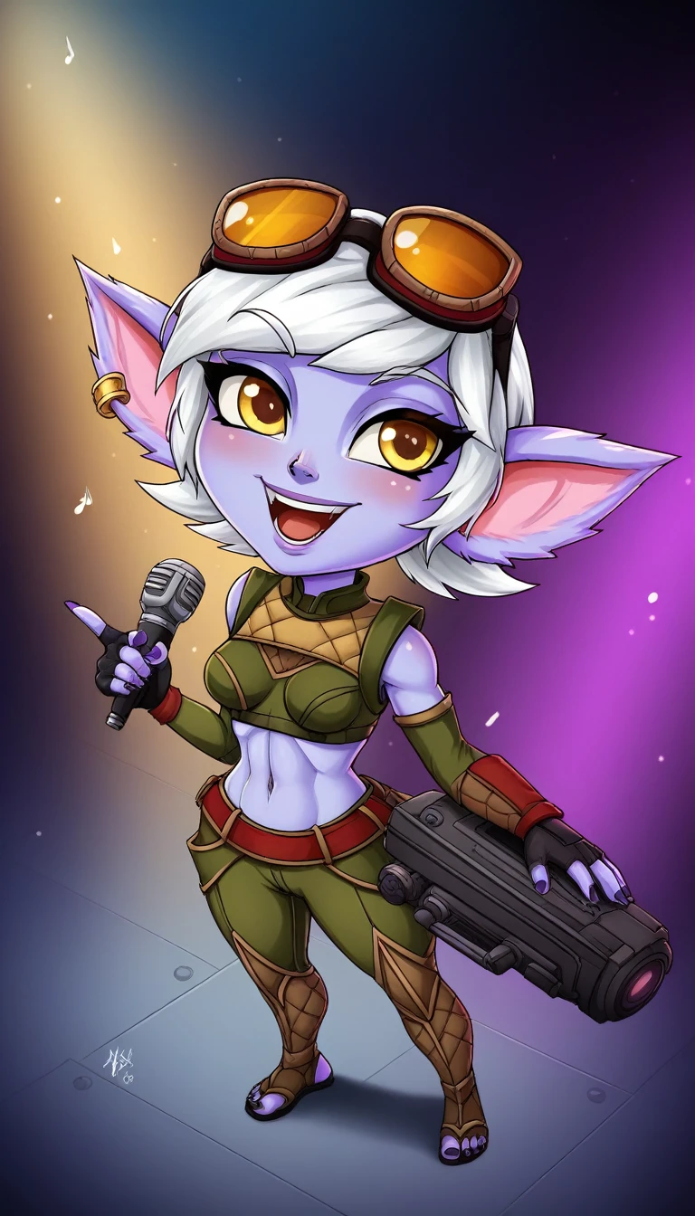 TristanaLoLXL, yordle, yellow eyes, pointy ears, by white, short hair, earrings, glasses on head, purple skin, colored skin. medium breasts, futuristic clothing, singing