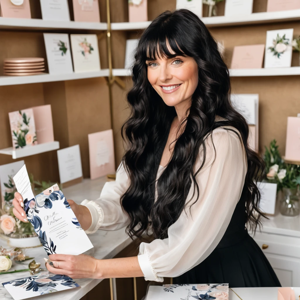 A white woman with long, black, wavy hair and short bangs. She creates custom invitations and stationery for weddings. She offers this service to couples who want a personalized wedding. She is holding and showing different models of invitations, envelopes and wedding related things.