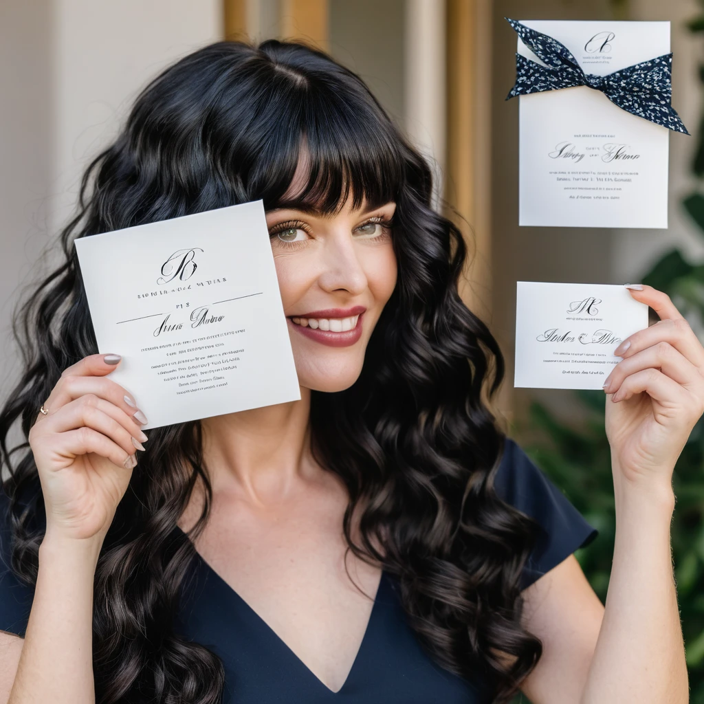 A white woman with long, black, wavy hair and short bangs. She creates custom invitations and stationery for weddings. She offers this service to couples who want a personalized wedding. She is holding and showing different models of invitations, envelopes and wedding related things.