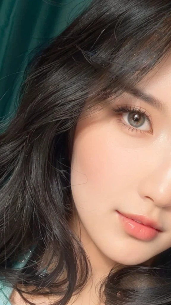 there is a woman with a blue shirt and a green curtain, close up face, stunning closeupheadshot, with cute doting eyes, black hair and large eyes, closeup face, cute and friendly eyes, large downslanted eyes, accurate brown eyes, brown eyes and white skin, very bright brown eyes, bright piercing brown eyes, closeup shot of face