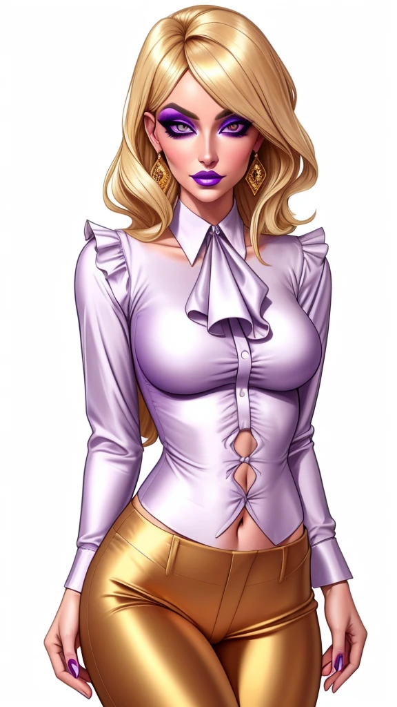 Lulu, gorgeous blonde woman, ruffle shirt, lithe, slim, gold silk pants, navel,
charcoal eyes, purple makeup,
white background, blank background,