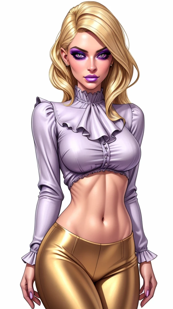 1girl, gorgeous blonde woman, beautiful detailed eyes, beautiful detailed lips, extremely detailed face and eyes, long eyelashes, ruffle shirt, lithe, slim, gold silk pants, navel, charcoal eyes, purple makeup, white background, blank background, high quality, 8k, hyperdetailed, hyper realistic, cinematic lighting, dramatic lighting, photorealistic, concept art