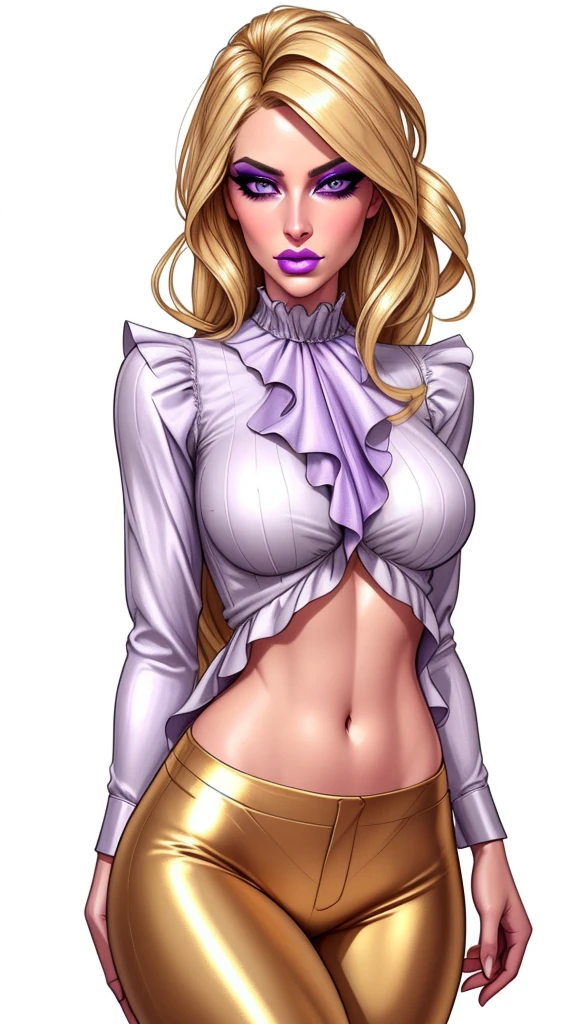 1girl, gorgeous blonde woman, beautiful detailed eyes, beautiful detailed lips, extremely detailed face and eyes, long eyelashes, ruffle shirt, lithe, slim, gold silk pants, navel, charcoal eyes, purple makeup, white background, blank background, high quality, 8k, hyperdetailed, hyper realistic, cinematic lighting, dramatic lighting, photorealistic, concept art