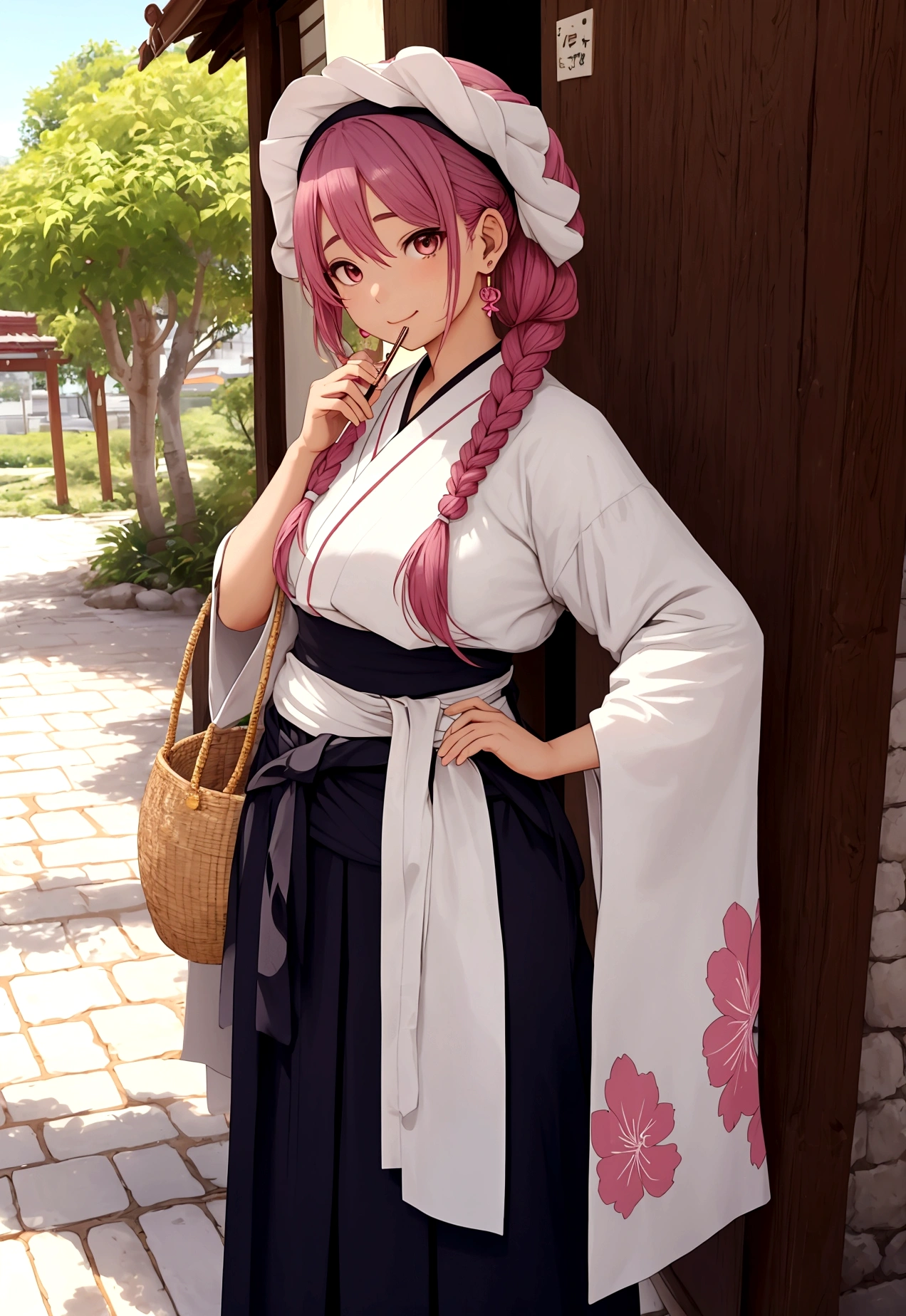 Attire: Sakura would likely wear traditional Uruguayan clothing, such as a bombacha (loose-fitting gaucho pants) and a faja (a wide sash worn around the waist). She might also wear a beret or a wide-brimmed hat.
Accessories: Sakura might accessorize with traditional Uruguayan jewelry, such as mate gourd earrings or a silver charm bracelet. She might also carry a mate gourd and bombilla (straw) for drinking mate, the national beverage of Uruguay.
Hairstyle: Sakura's hairstyle would likely be long and flowing, possibly braided or styled in a bun. She might also wear a hairpiece, such as a flower or a ribbon.
Appearance: Sakura's overall appearance would likely be warm and inviting, with a friendly smile and bright eyes. She might have tanned skin and dark hair, reflecting the mixed ethnic heritage of Uruguay.