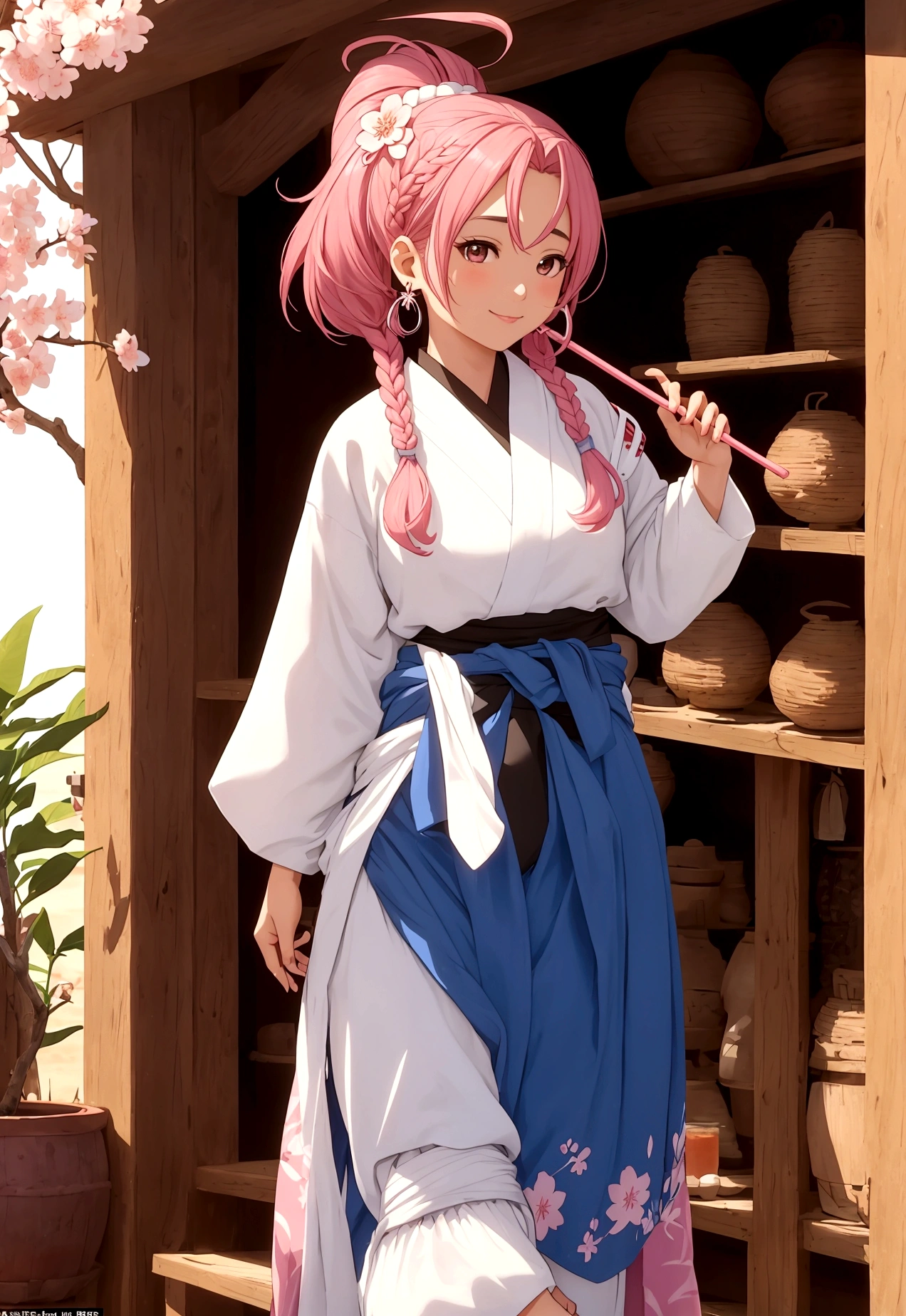 Attire: Sakura would likely wear traditional Uruguayan clothing, such as a bombacha (loose-fitting gaucho pants) and a faja (a wide sash worn around the waist). She might also wear a beret or a wide-brimmed hat.
Accessories: Sakura might accessorize with traditional Uruguayan jewelry, such as mate gourd earrings or a silver charm bracelet. She might also carry a mate gourd and bombilla (straw) for drinking mate, the national beverage of Uruguay.
Hairstyle: Sakura's hairstyle would likely be long and flowing, possibly braided or styled in a bun. She might also wear a hairpiece, such as a flower or a ribbon.
Appearance: Sakura's overall appearance would likely be warm and inviting, with a friendly smile and bright eyes. She might have tanned skin and dark hair, reflecting the mixed ethnic heritage of Uruguay.