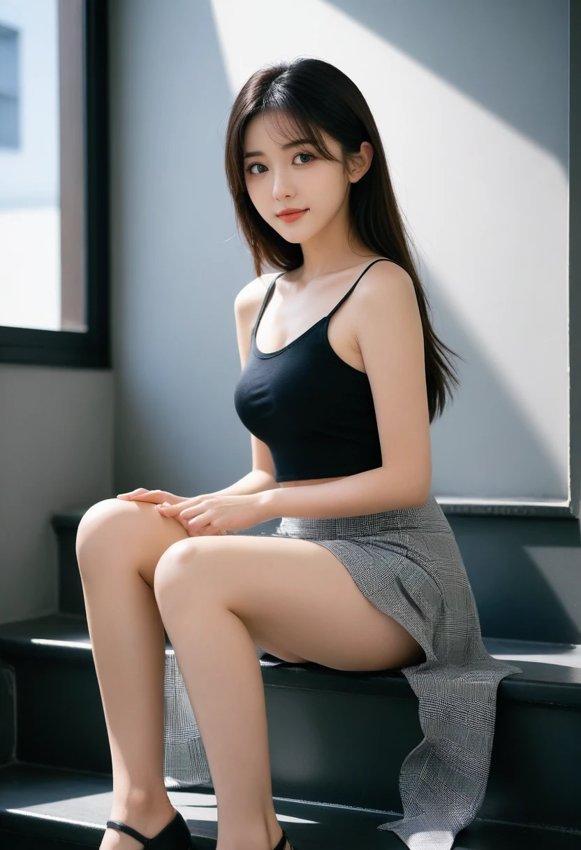 8K, Ultra-high resolution, Highest quality, masterpiece, 三分割法によるphotograph,Surreal, photograph, 1 Girl, (16 years old:1.3), pretty girl, Cute face, Beautiful eyes in every detail, 細かくdetailedに,masterpiece,, One Girl:1.2, Japan Female Announcer,whole body,((very small head:1.3)),Center-parted bangs,amount,Black Hair,Long Hair,Iris,Gorgeous eyes,smile,((Toned body,Slender body,skinny)),(Sports bra、Bra Top,Grey plaid pleated mini skirt),Beautiful leg line beauty,Captivating thighs,Glowing Skin,Shiny skin,Climbing the stairs,Fire escape in a building,Full of sex appeal,Sensual,屈託のないsmile,Heal the heart,Low - Angle、beauty,Long neck、Laugh a little、Please close your mouth and laugh、(((Ideal body type))),A cup small breasts :2,、Portraiture:2、Perfect Anatomy、鮮明なdetailed、detailed、Surreal、Light and shadow,Strong light