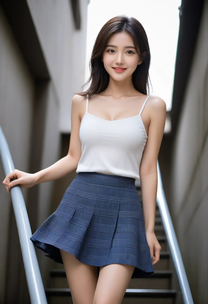 8K, Ultra-high resolution, Highest quality, masterpiece, 三分割法によるphotograph,Surreal, photograph, 1 Girl, (16 years old:1.3), pretty girl, Cute face, Beautiful eyes in every detail, 細かくdetailedに,masterpiece,, One Girl:1.2, Japan Female Announcer,whole body,((very small head:1.3)),Center-parted bangs,amount,Black Hair,Long Hair,Iris,Gorgeous eyes,smile,((Toned body,Slender body,skinny)),(Sports bra、Bra Top,Grey plaid pleated mini skirt),Beautiful leg line beauty,Captivating thighs,Glowing Skin,Shiny skin,Climbing the stairs,Fire escape in a building,Full of sex appeal,Sensual,屈託のないsmile,Heal the heart,Low - Angle、beauty,Long neck、Laugh a little、Please close your mouth and laugh、(((Ideal body type))),A cup small breasts :2,、Portraiture:2、Perfect Anatomy、鮮明なdetailed、detailed、Surreal、Light and shadow,Strong light
