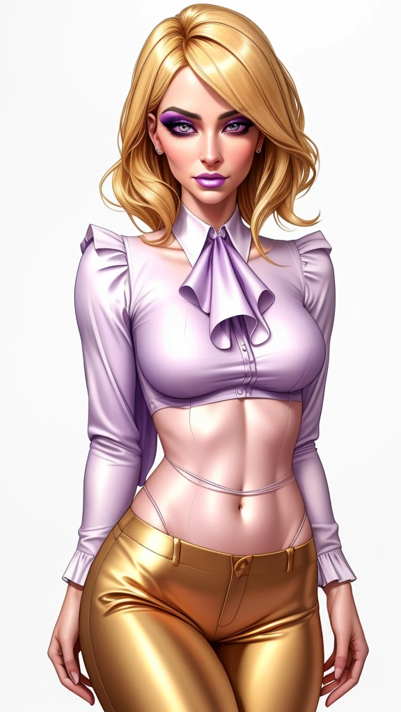 1 girl, gorgeous blonde woman, ruffle shirt, lithe, slim, gold silk pants, navel, charcoal eyes, purple makeup, (best quality,4k,8k,highres,masterpiece:1.2),ultra-detailed,(realistic,photorealistic,photo-realistic:1.37),studio lighting,ultra-fine painting,sharp focus,physically-based rendering,extreme detail description,professional,vivid colors,bokeh,portraits,fantasy