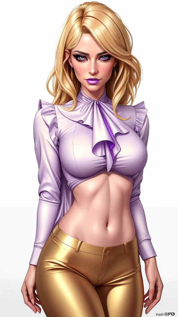 1 girl, gorgeous blonde woman, ruffle shirt, lithe, slim, gold silk pants, navel, charcoal eyes, purple makeup, (best quality,4k,8k,highres,masterpiece:1.2),ultra-detailed,(realistic,photorealistic,photo-realistic:1.37),studio lighting,ultra-fine painting,sharp focus,physically-based rendering,extreme detail description,professional,vivid colors,bokeh,portraits,fantasy