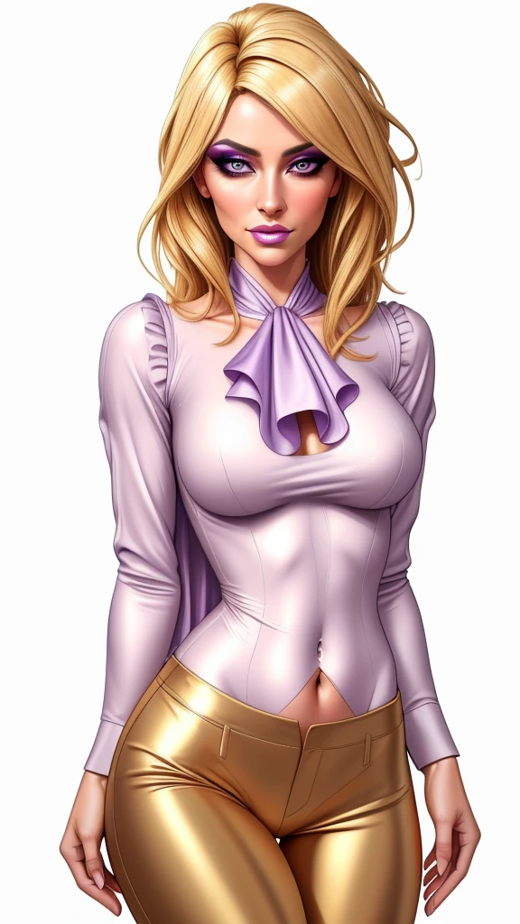 1 girl, gorgeous blonde woman, ruffle shirt, lithe, slim, gold silk pants, navel, charcoal eyes, purple makeup, (best quality,4k,8k,highres,masterpiece:1.2),ultra-detailed,(realistic,photorealistic,photo-realistic:1.37),studio lighting,ultra-fine painting,sharp focus,physically-based rendering,extreme detail description,professional,vivid colors,bokeh,portraits,fantasy
