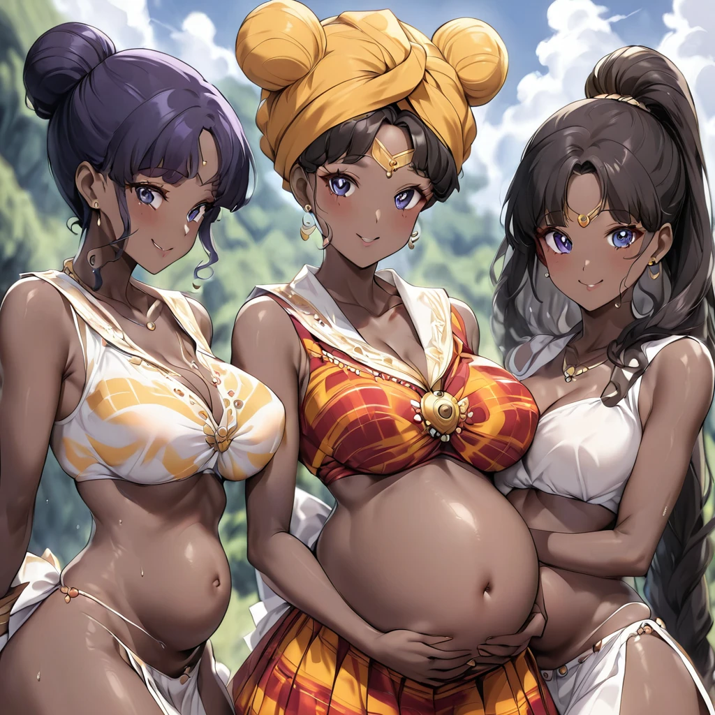 ((Highest quality)), ((masterpiece)), (detailed), (Perfect Face)、The woman is a Ghanaian born Tsukino Usagi with a vivid dark skin, black by birth, and is wearing a colorful Ghanaian dress from a Ghanaian village, a colorful turban head scarf, gorgeous jeweled accessories, and an engagement ring.、The woman is the elegant Tsukino Usagi, with her short black afro hair tied up in a Ghana braid, wearing a colorful Ghanaian dress and a colorful turban head scarf, with vibrant dark brown skin, a natural-born black person, and a natural-born Ghanaian, Tsukino Usagi.、(The woman is a black Ghanaian with vivid dark brown skin.)、The woman is raising her with other village girls in a village in Ghana.、The women are pregnant、The women are holding their baby daughters、There are many children around