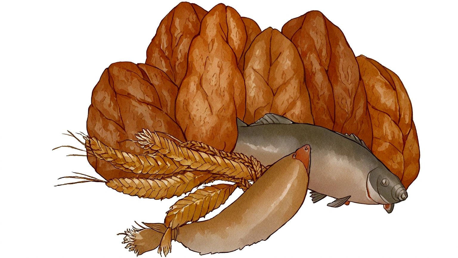 watercolor Five Loaves and Two Fish, round shapes of bread