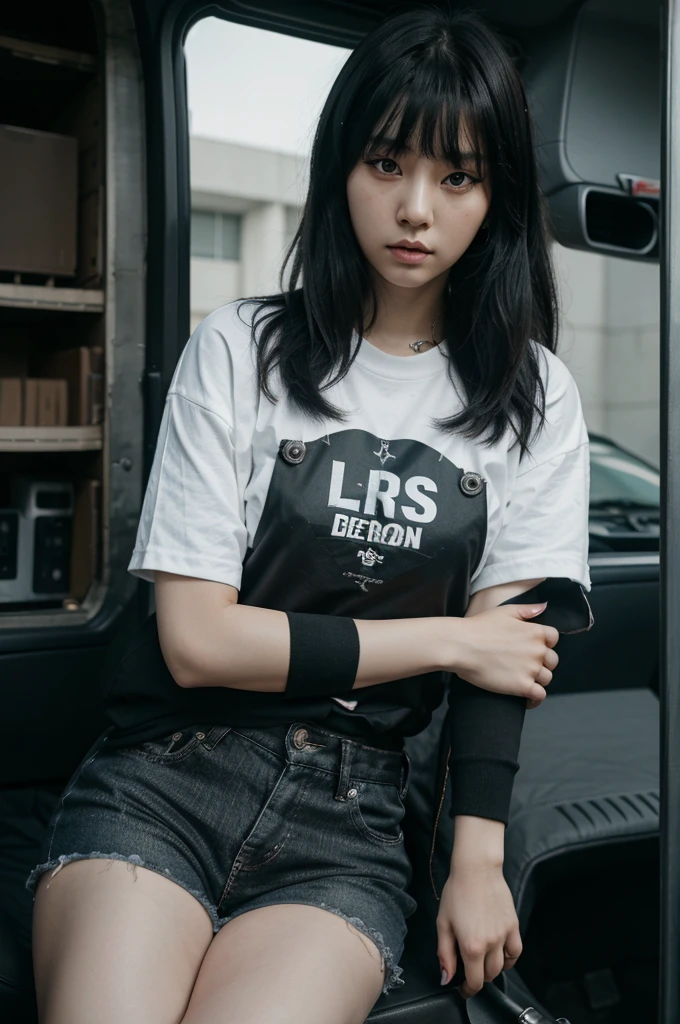 korean girl like a kpop member girl group, sheesh - babymonster photoshoot concept, black hair with blunt bangs, hiphop and baddass style, car background, and just like the previous photo