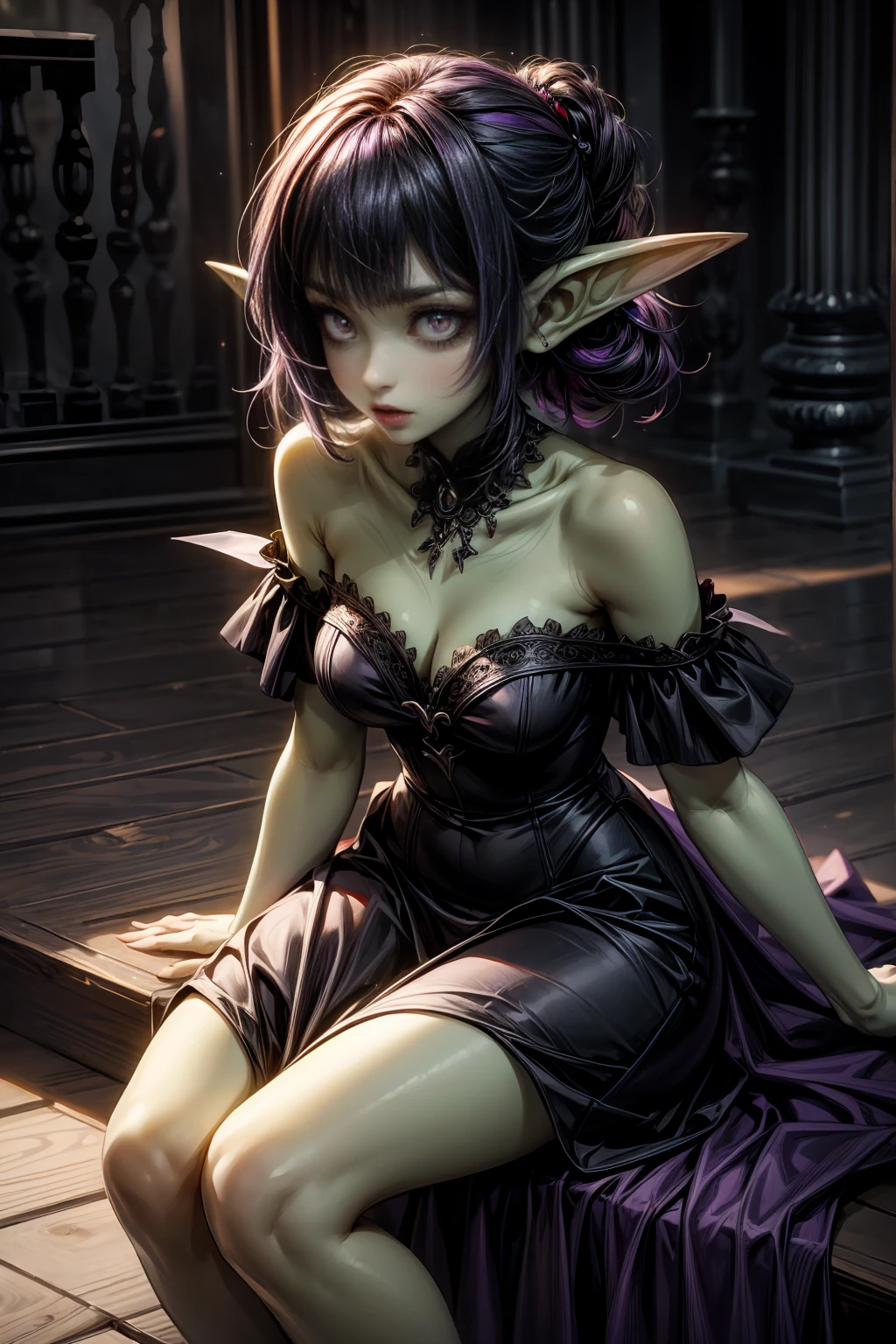 absurdrez, ((best quality)), ((masterpiece)), (detailed), dark gothic horror style, Halloween style, very small goblin girl, (green skin), pointy ears, (short purple hair with black streaks pixie hairstyle), aloof expression, bright red eyes, superior attitude, sassy, smug, detailed red eyes, sitting in a ornate gothic red throne, holding her hand our to you, arm facing out, wrist bent downwards delicately as she wants you to help her stand up, being asked out on a date, arm outstretched
