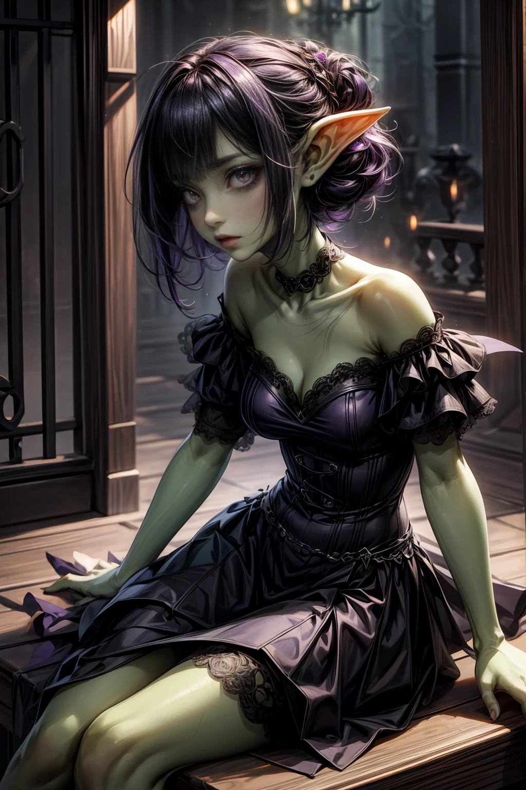 absurdrez, ((best quality)), ((masterpiece)), (detailed), dark gothic horror style, Halloween style, very small goblin girl, ((green skin)), pointy ears, (short purple hair with black streaks pixie hairstyle), aloof expression, eyes closed, touching face, black smoke swirling around her, nude