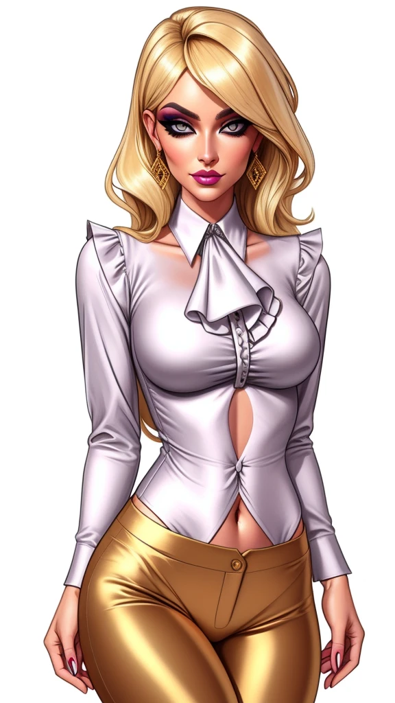 Lulu, gorgeous blonde woman, ruffle shirt, lithe, slim, gold silk pants, navel,
charcoal eyes, makeup,
white background, blank background,