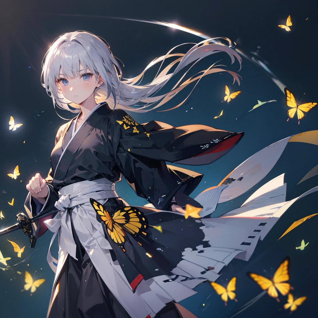 ((High resolution　Gray Hair　Long Hair　Black kimono　Black Band　military commander　Lonely　despair))　((Yellow butterfly　night　Japanese style　shoulder　old　Shining Aura　Japanese garden　water surface))　(dance　Blade of Darkness　Japanese sword　Slashing)　moon　star　Draw your sword　Slashing　Catch the wind　autumn