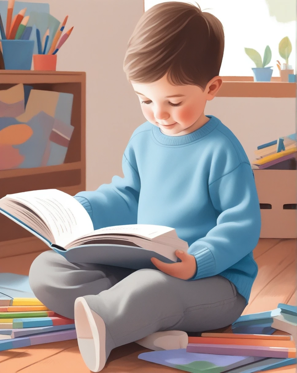 Illustrated books for children,paints with crayons, boy in , long sleeve blue sweatshirt, grey pants

