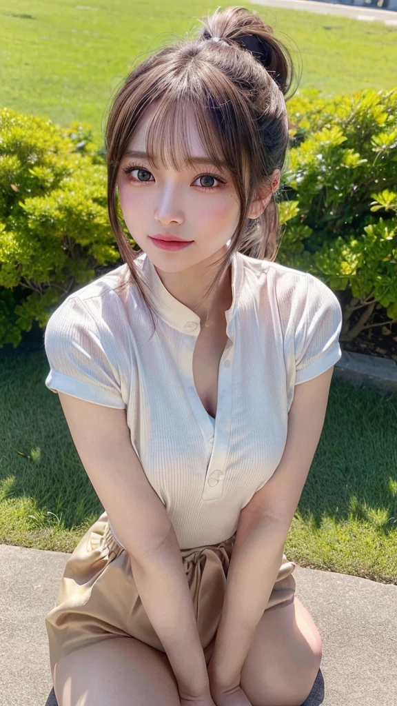 One piece with collar,outdoors,Urban Park,On the lawn,Ultra-detailed, finely detail, hight resolution, 8K Wallpaper, Perfect dynamic composition, Beautiful detailed eyes,Outdoor,Close-up of face,Outdoor,Blushing,Facing forward,,Long hair ponytail,((8k, Raw photo, Best Quality, Mastepiece:1.2), (Realism, Photorealistic:1.4), (Highly detailed 8K wallpapers), Depth of written boundary, Cinematic Lighting, Soft Light, Detailed Beauty Eye,Shiny and smooth light brown ponytail, Asymmetrical bangs, Shiny skin, Ultra-detailed skins ,It is high resolution., High detail, Detailed hairstyle, Detailed facial beauty, Hyper-realistic, Perfect limbs, Perfect Anatomy ,1 Japanese girl,Famous Japanese Idols, Perfect female body,A shy smile,Short eyelashes,Double-edged eyelids,Look straight here,Hair style: ponytail,